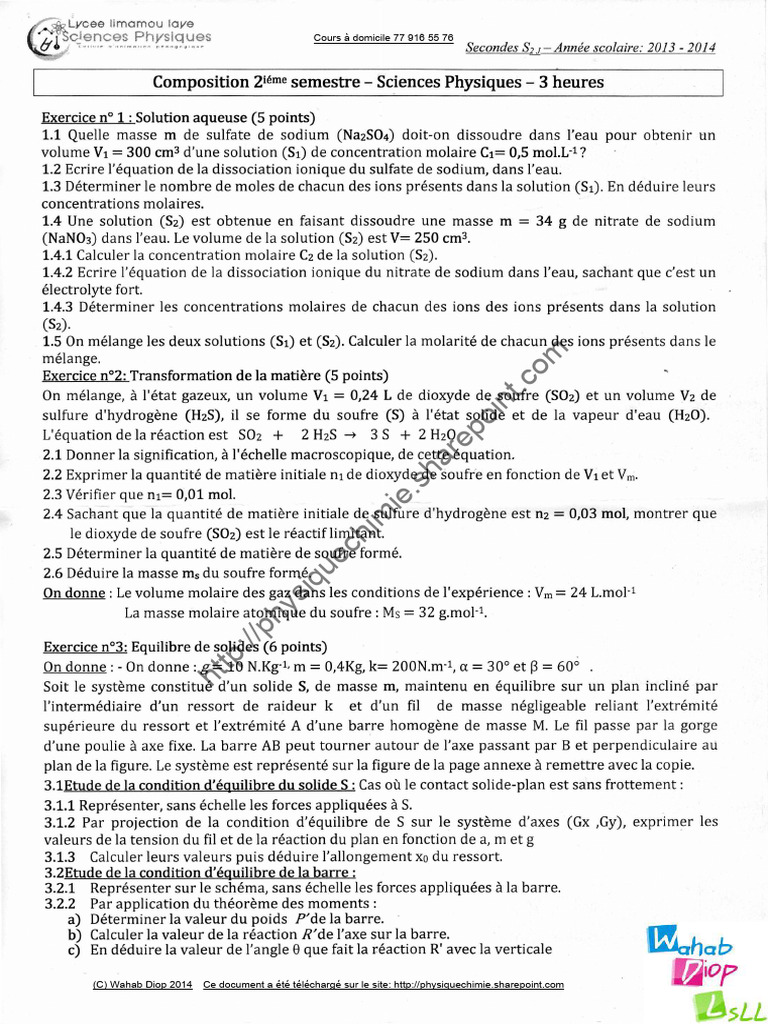 Exercice de Sciences Physiques S2 2013-2014 | PDF | Concentration ...