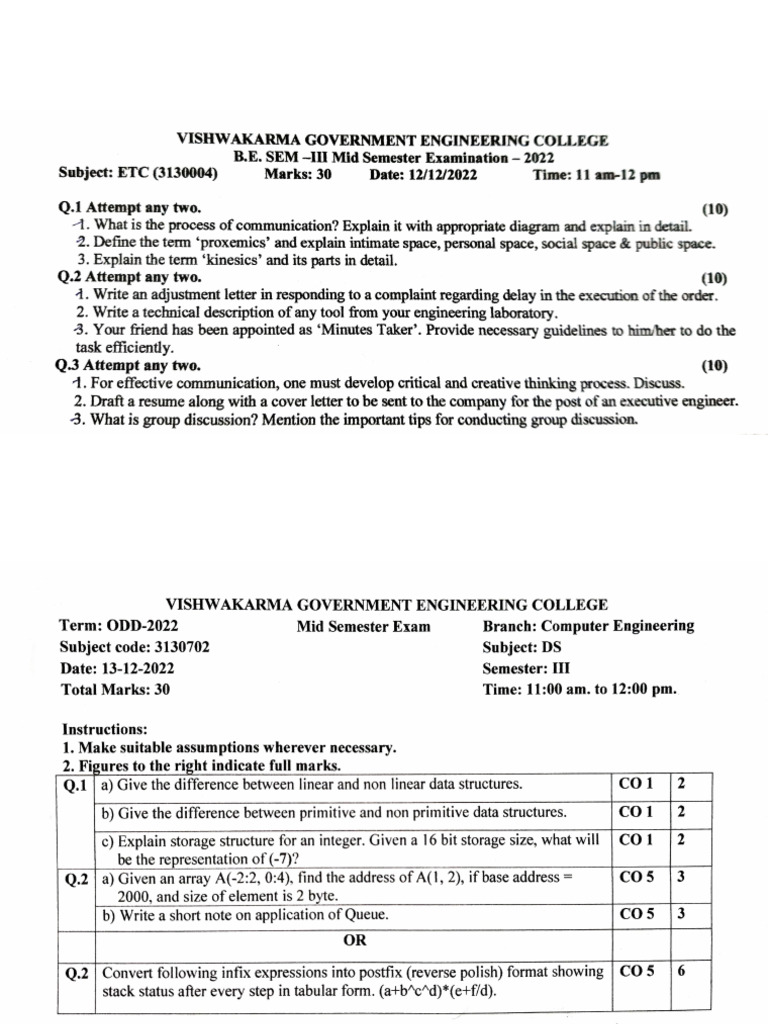 3rd Sem Mid Papers | PDF