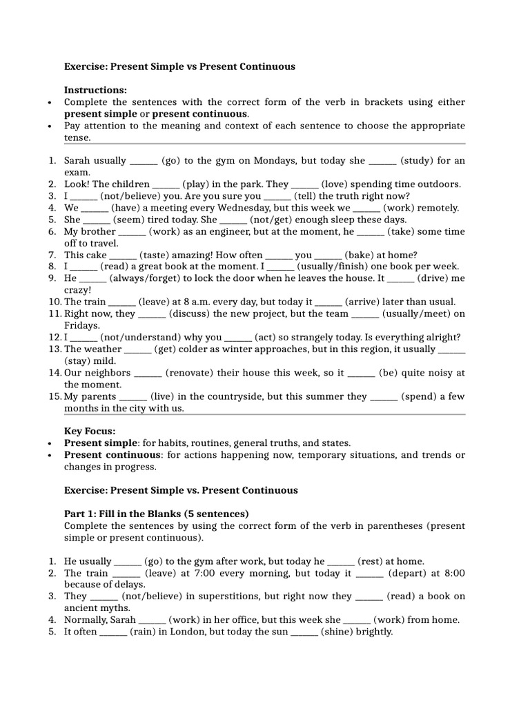 Present Simple vs Continuous Exercises | PDF | Perfect (Grammar ...