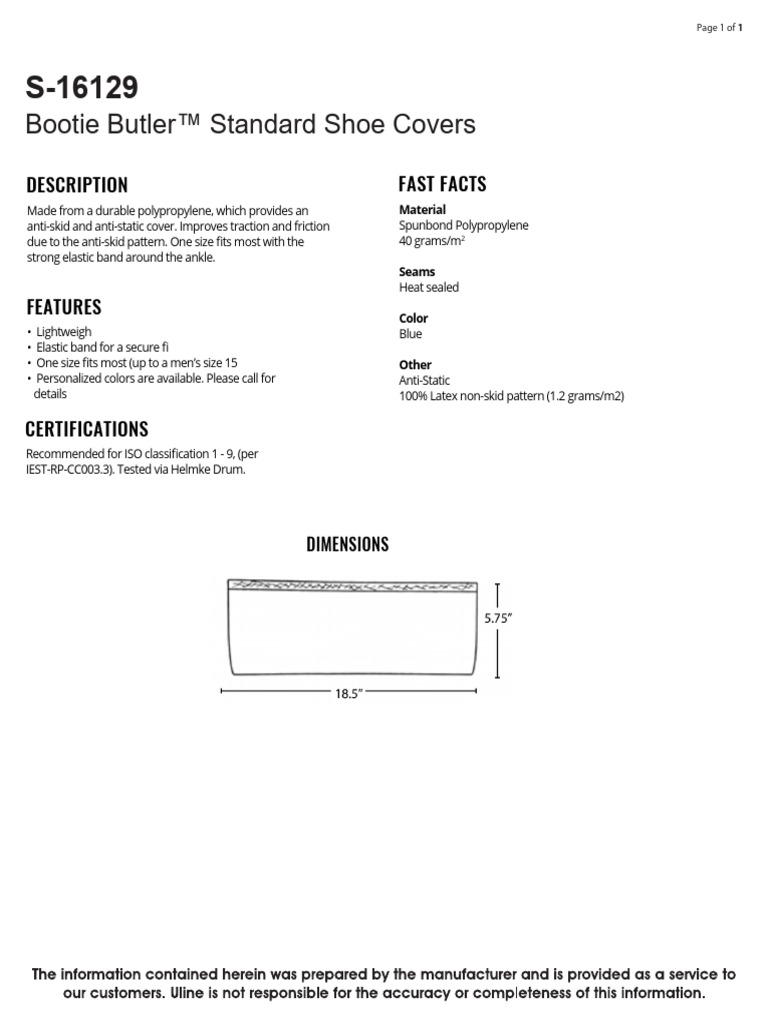 Bootie Butler Standard Shoe Covers - TDS - S-16129 - Uline | PDF