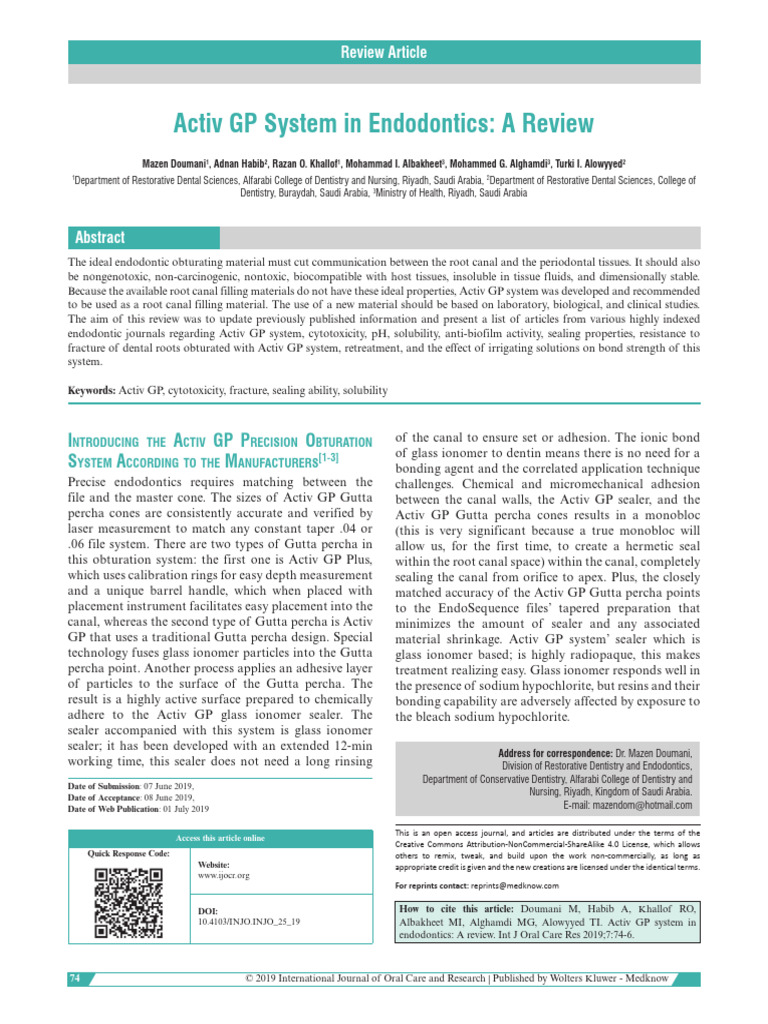 Activ GP System in Endodontics Review | PDF | Dentistry Branches
