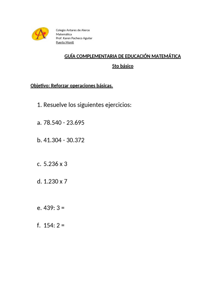 Ejercicios de Matemáticas 5to Básico | PDF