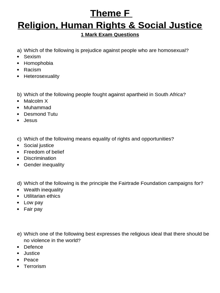 Exam Questions on Religion and Social Justice | PDF | Prejudices | Justice
