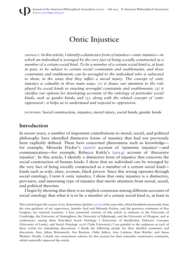 Understanding Ontic Injustice | PDF | Ontology | Gender Studies