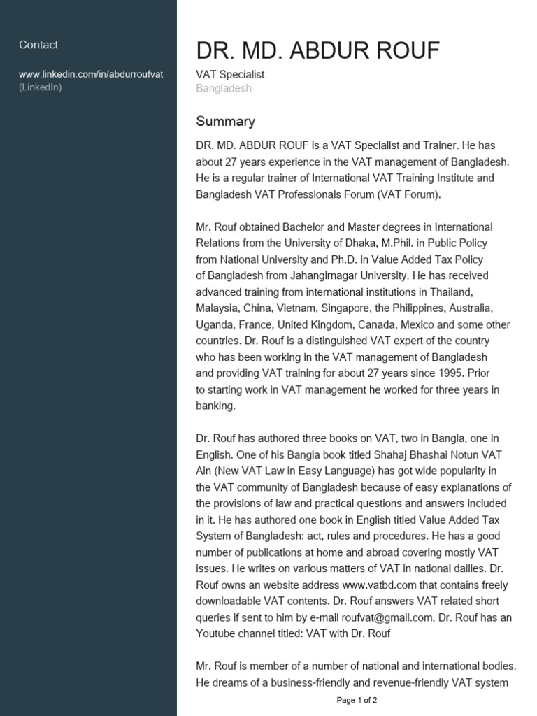 Dr. Abdur Rouf: VAT Specialist Profile | PDF