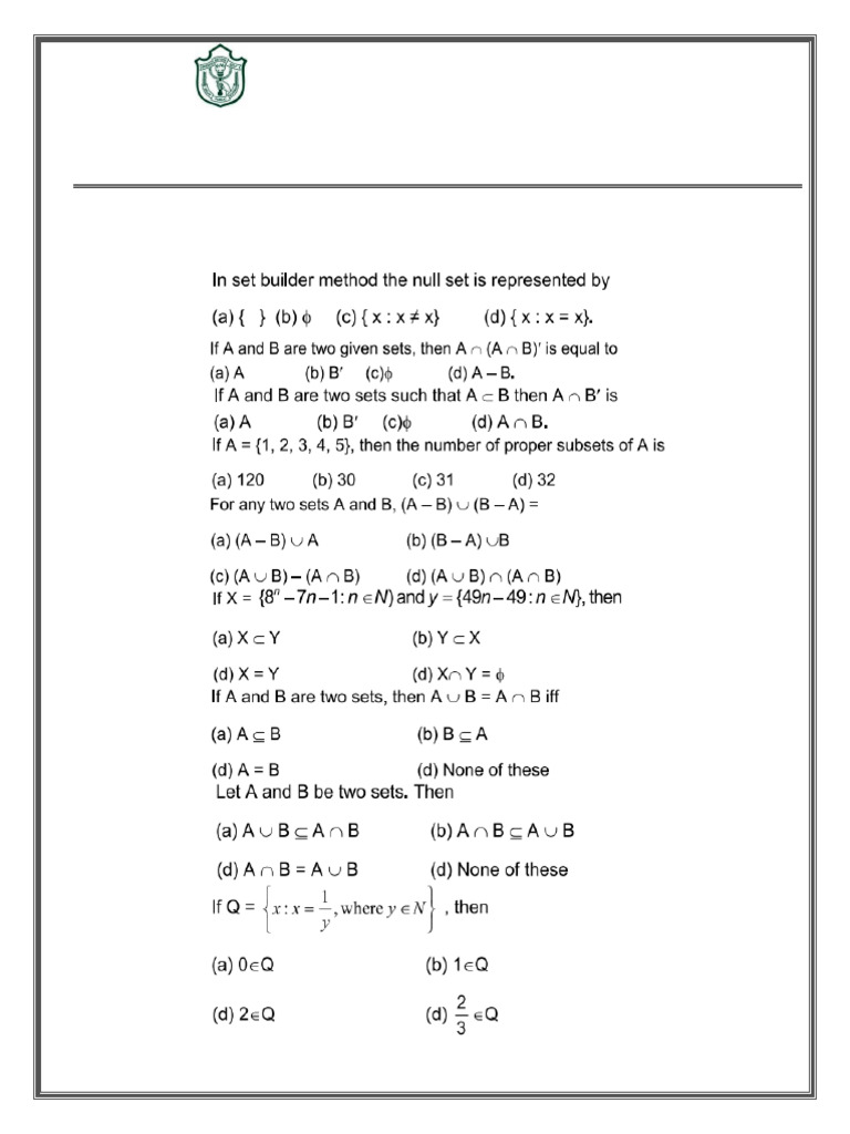 Class XI Mathematics Sets Worksheet | PDF