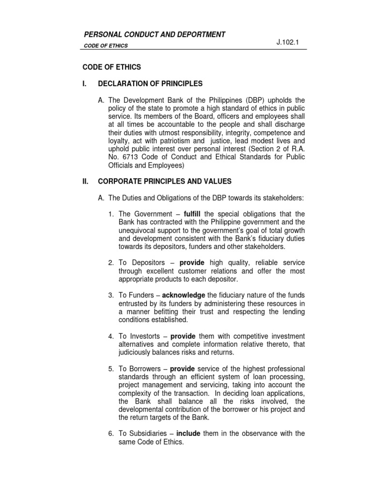 DBP Code of Ethics Overview | PDF | Conflict Of Interest | Banks