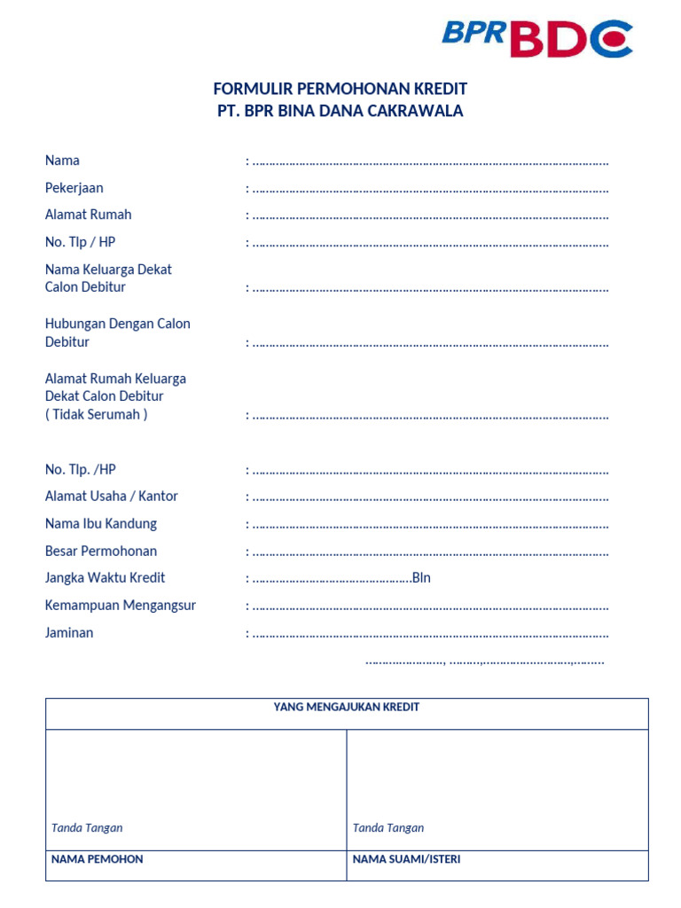 Formulir Permohonan Kredit BPR Cakrawala | PDF