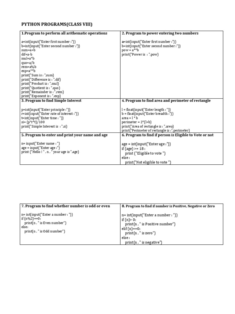 PYTHONPROGRAMSClass VIII | PDF