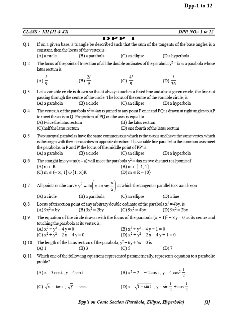 Conic Sections: Parabola DPP Questions | PDF | Ellipse | Perpendicular