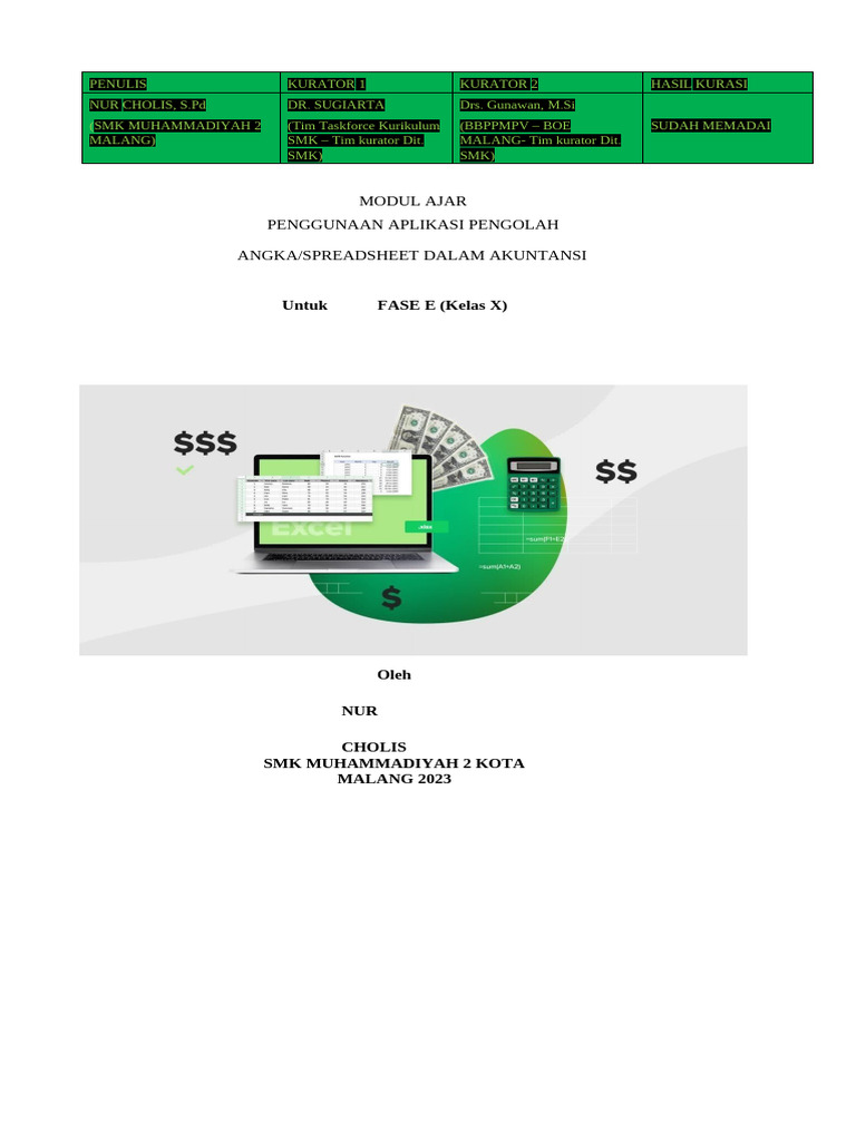 Modul Ajar Spreadsheet Akuntansi Kelas X | PDF