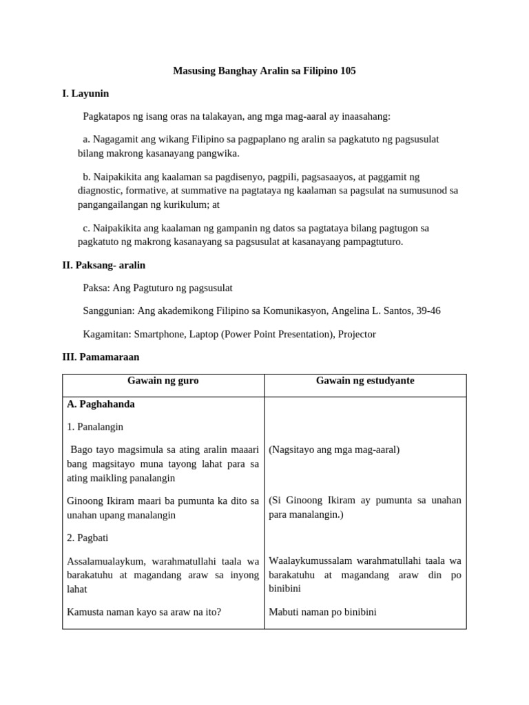 FIL 105 Lesson Plan (Arwina Hamja) | PDF