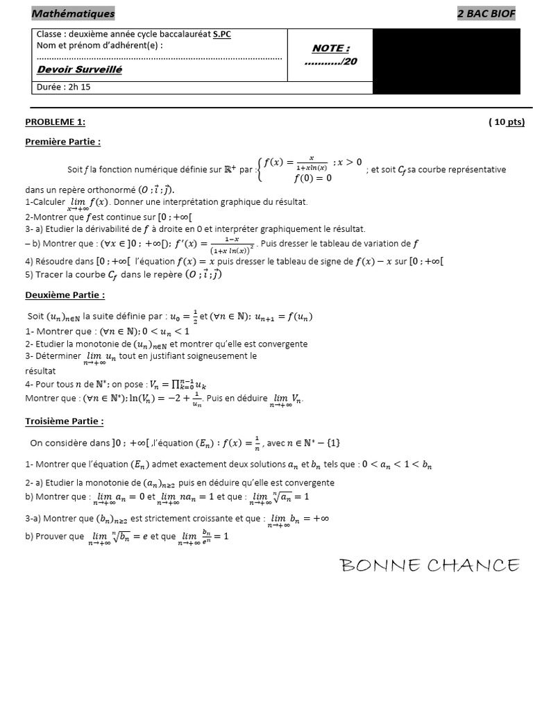 Devoir de Mathématiques 2 BAC S.PC | PDF | Physique mathématique ...