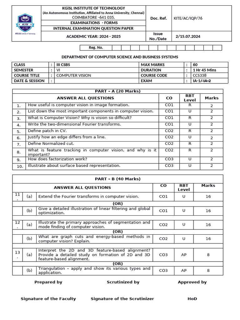 CCS338 Computer Vision Exam Paper | PDF | Computer Vision | Applied ...