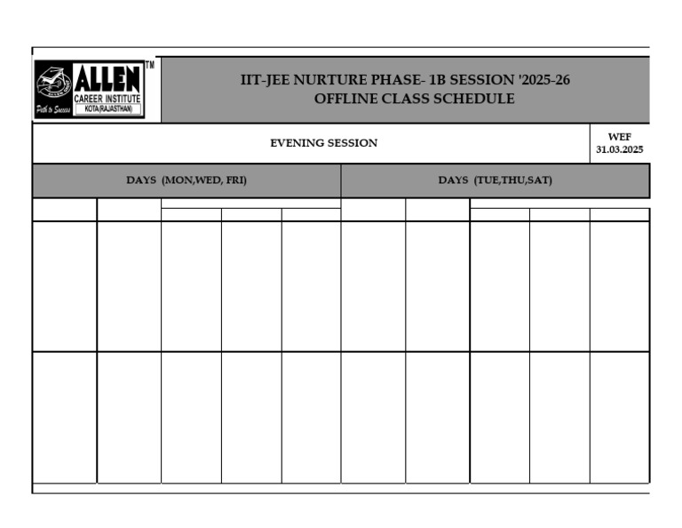 Iit-Jee Nurture Phase-1B Session '2025-26 Offline Class Schedule | PDF
