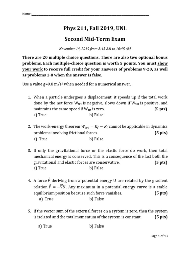 Physics Mid-Term Exam Overview | PDF | Force | Collision