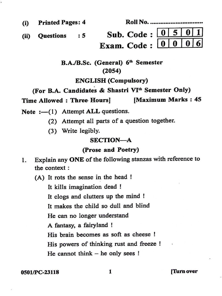 BA BSC - General - 6th Sem - English Compulsory - May 2024 | PDF