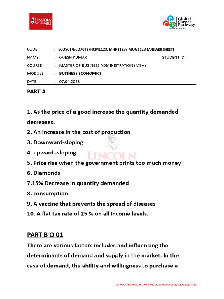 MBA Business Economics Answer Sheet | PDF | Elasticity (Economics ...
