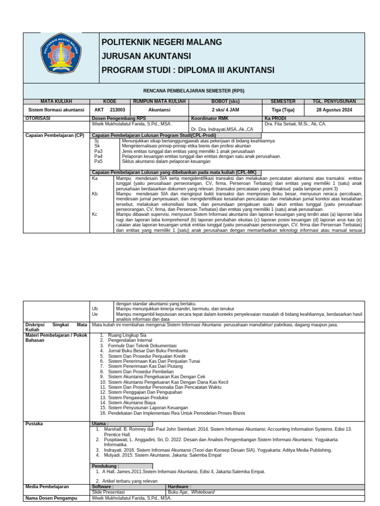 RPS Sistem Informasi Akuntansi D3 | PDF