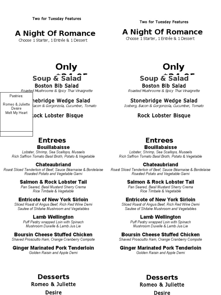 Romantic Dinner Menu Specials | PDF