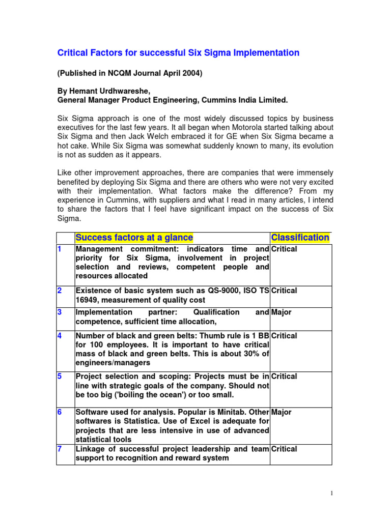 Critical Success Factors of Six Sigma NCQM April 2004 | PDF | Six Sigma ...
