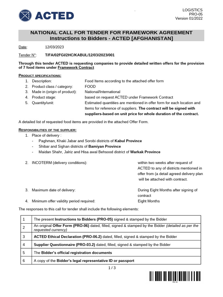 ACTED Food Items Tender Instructions | PDF | Business