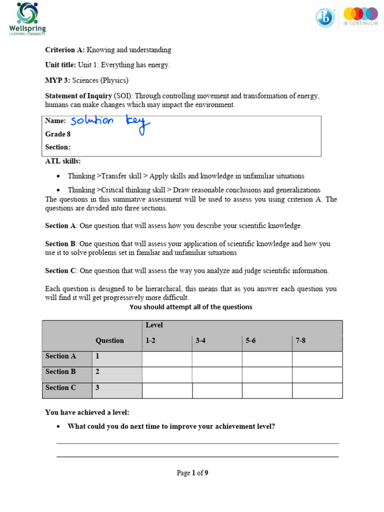 Grade 08 Summative Solution Key | PDF | Knowledge | Energy Development