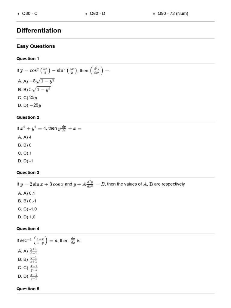 Differentiation Exercises and Solutions | PDF | Trigonometric Functions ...