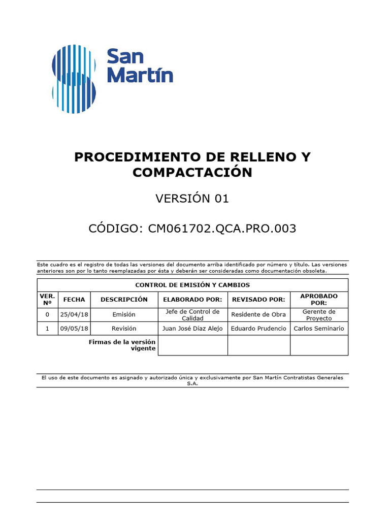 180509-SM-CM061702.QCA.PRO.003 Relleno y compactación | PDF