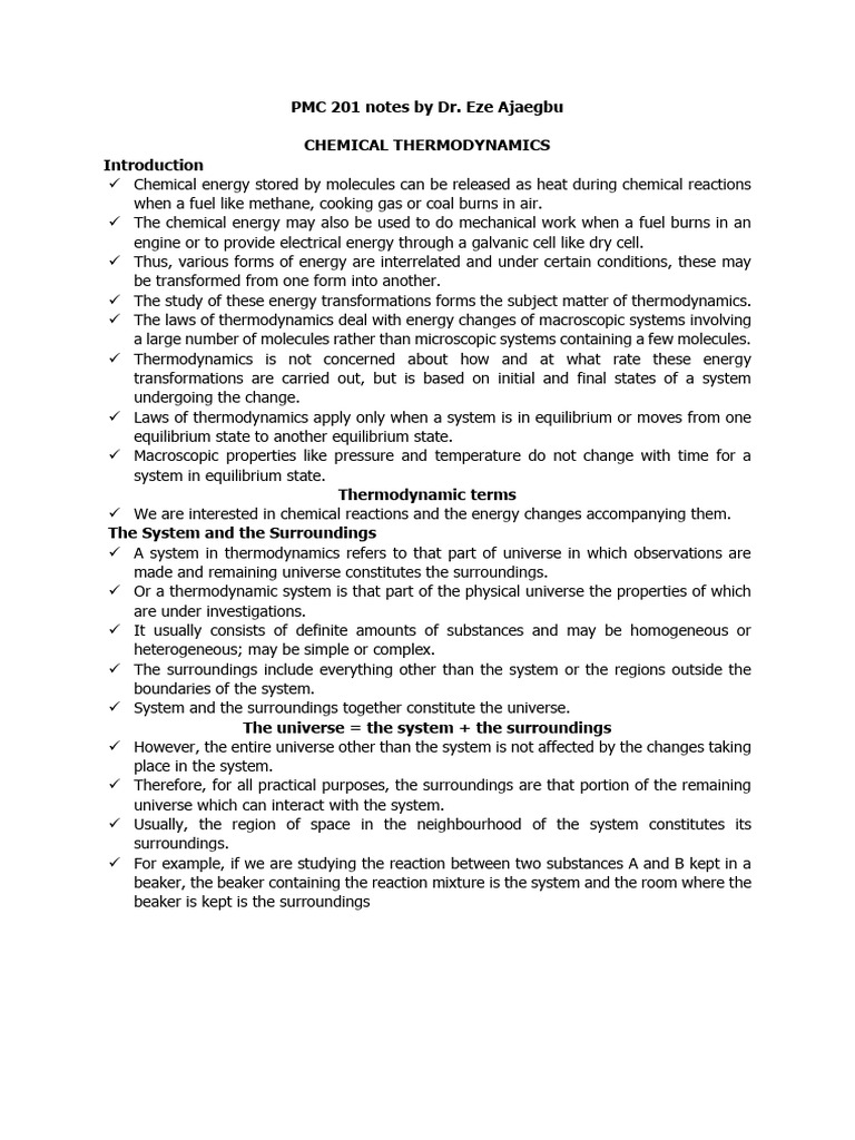 PCH 201 Chemical Thermodynamics | PDF | Chemical Equilibrium | Gibbs ...
