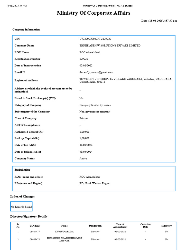 Ministry of Corporate Affairs - MCA Services | PDF