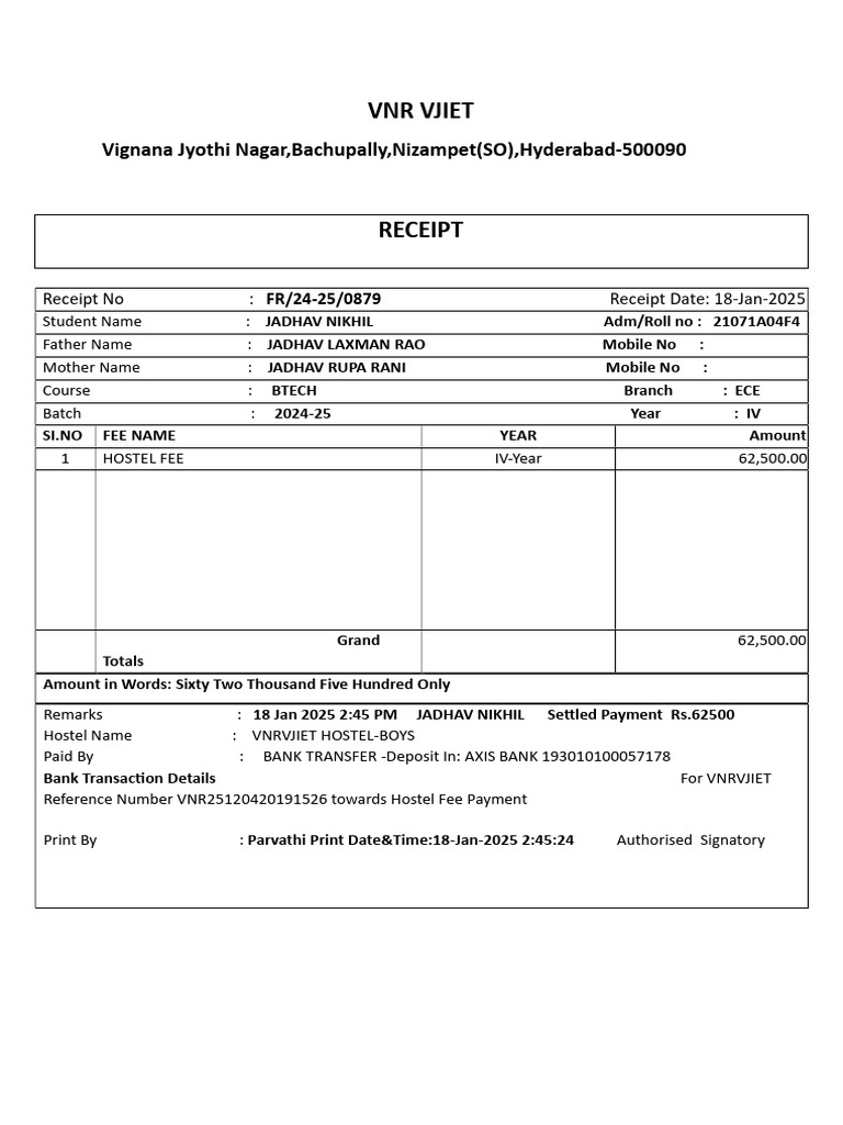 VNR VJIET Boys Hostel Fee Receipt 2025 | PDF