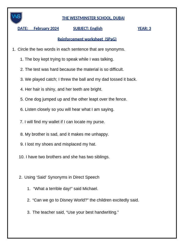 SPaG Revision worksheet PDF