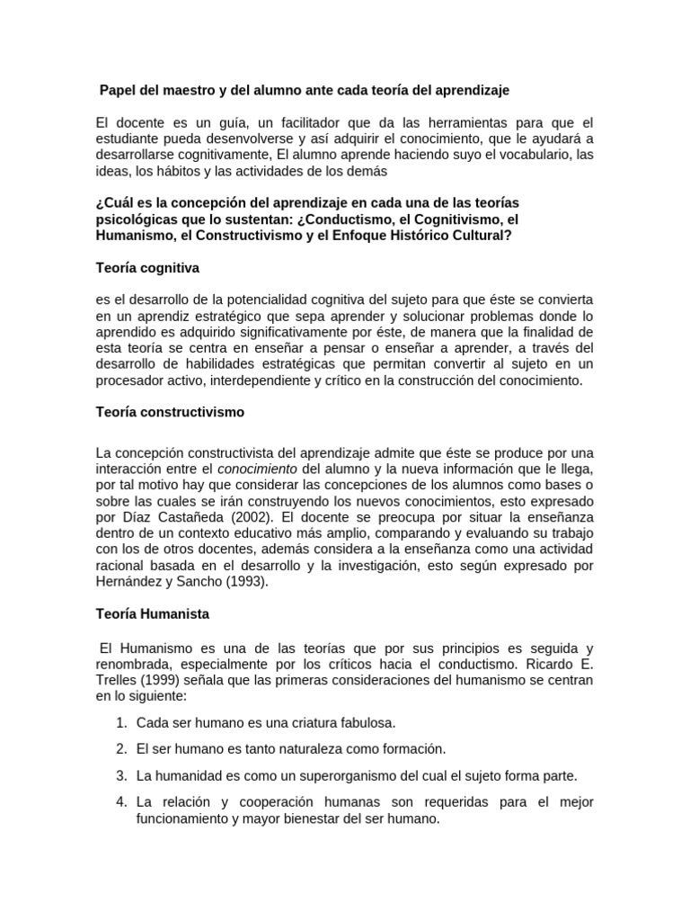Rol del docente y alumno en teorías de aprendizaje | PDF | Teoría del ...