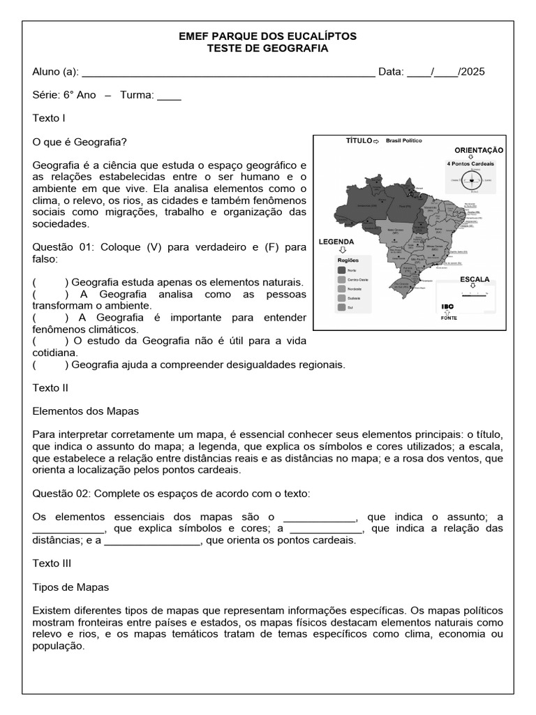 Prova de Geografia - 6º Ano | PDF | Geografia | Mapa