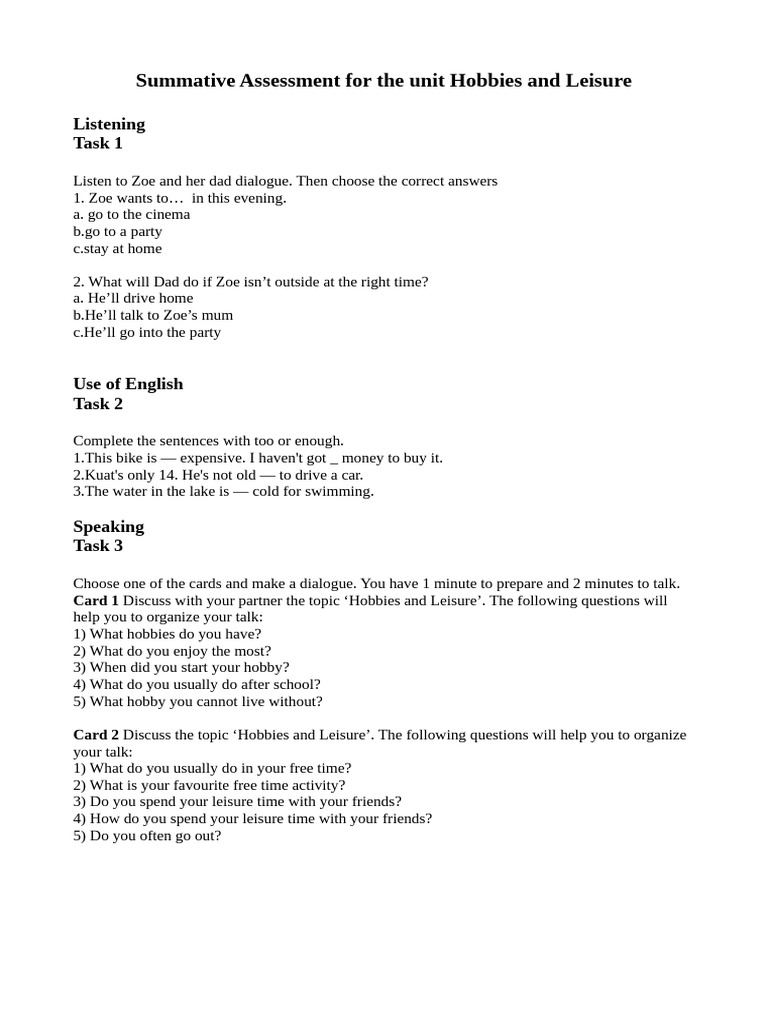 Hobbies and Leisure Assessment Guide | PDF