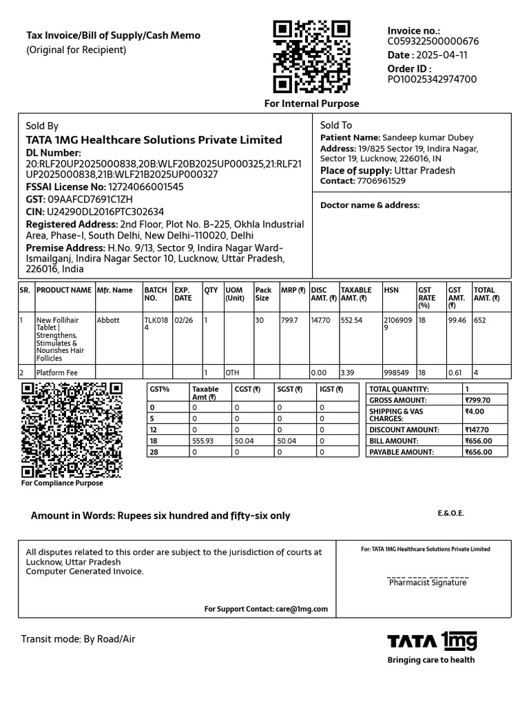 TATA 1MG Healthcare Solutions Private Limited: Tax Invoice/Bill of ...