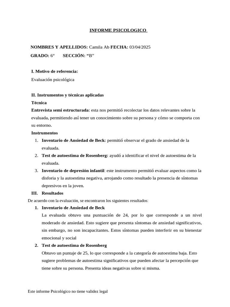Camila - 1 Informe | PDF | Depresión (estado de ánimo) | Las emociones