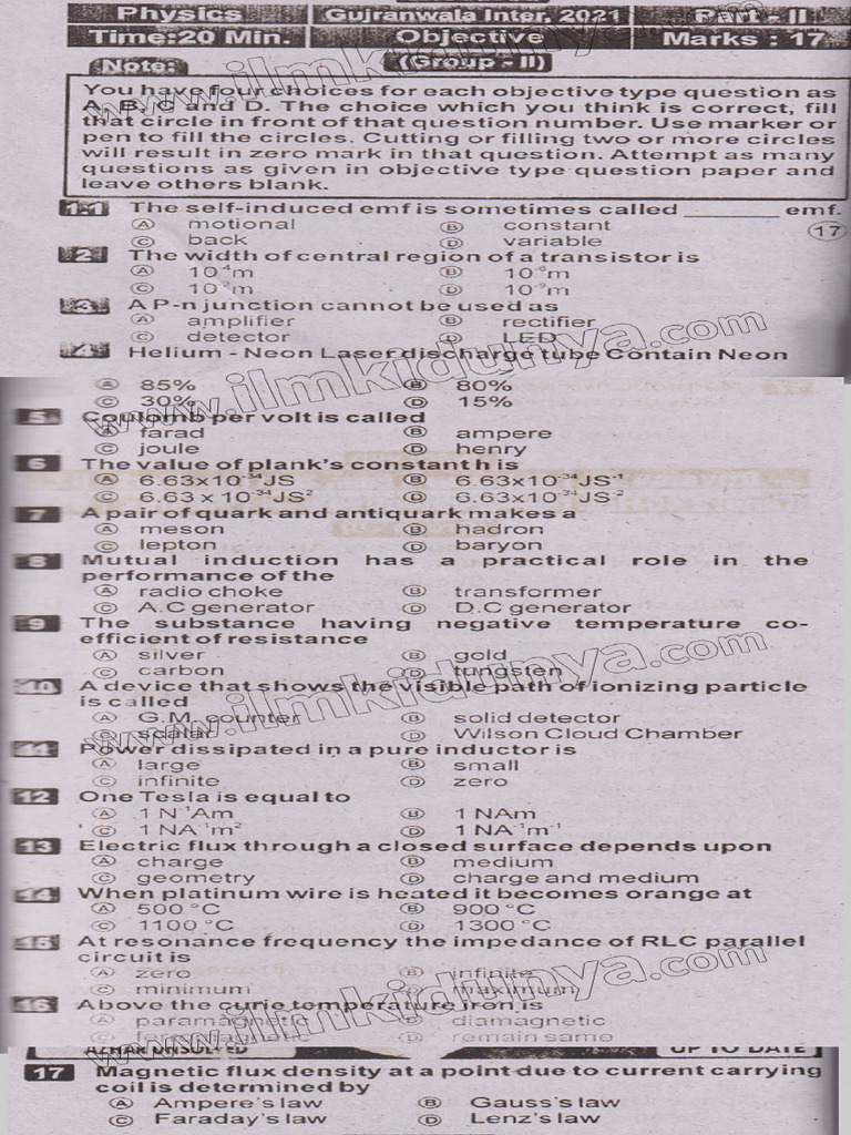 Past Papers 2021 Gujranwala Board Inter Part 2 Physics Group II ...