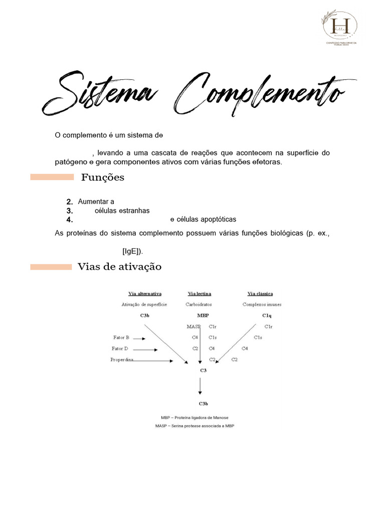 Funções e Vias do Sistema Complemento | PDF | Sistema complementar ...