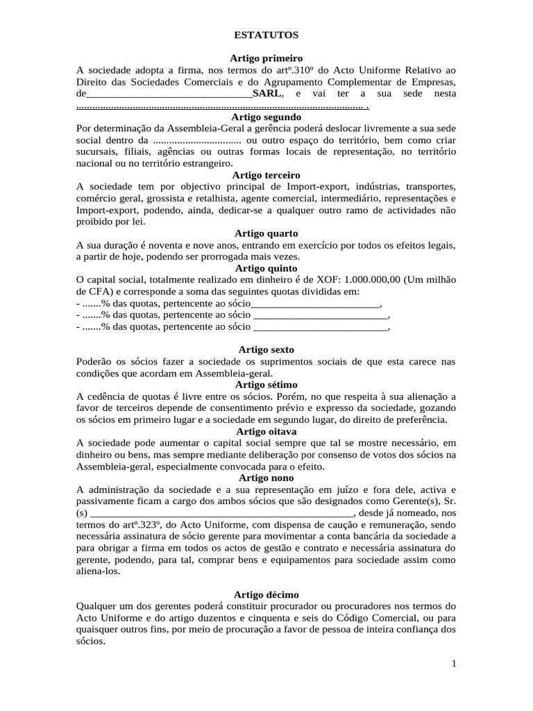 Estatuto Social de Empresa Unipessoal | PDF