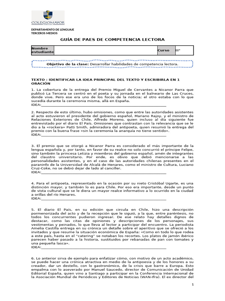Guía de PAES: Competencia Lectora III° | PDF