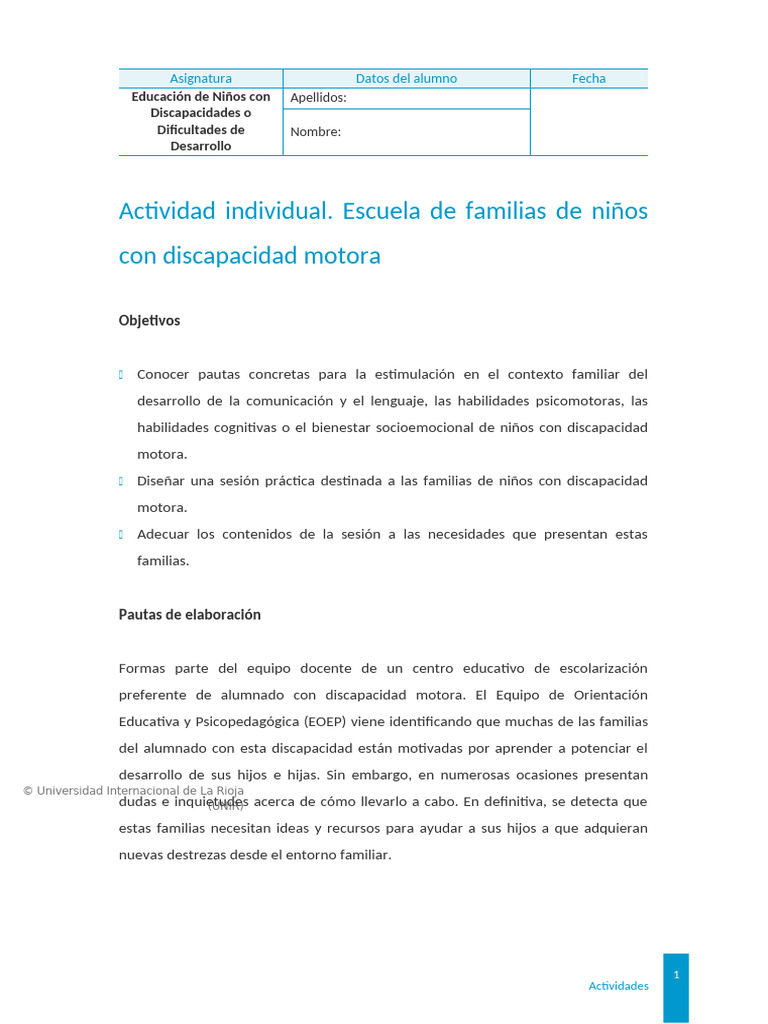Actividad para Familias de Niños con Discapacidad Motora | PDF ...
