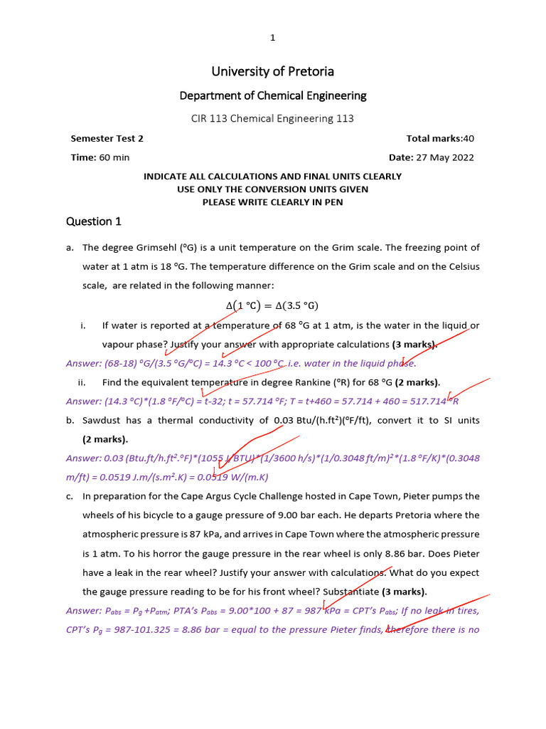 Chemical Engineering Test 2 Solutions | PDF | Celsius | Thermodynamic ...