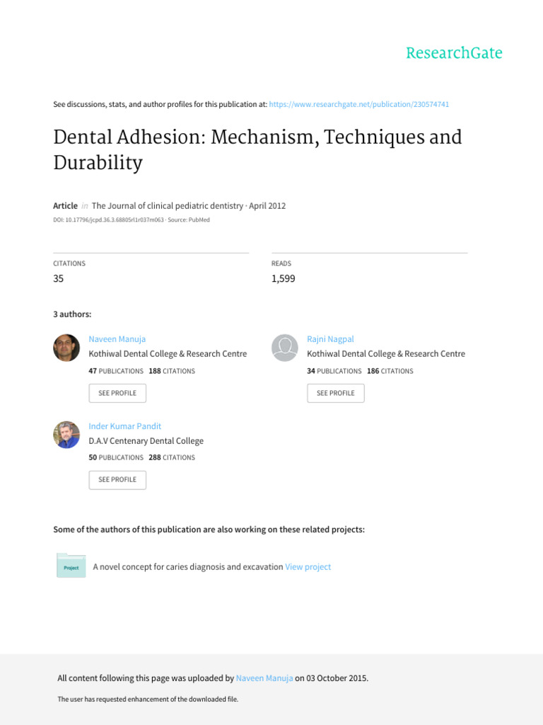 Dental Adhesion: Mechanisms and Durability | PDF | Dentin | Tooth Enamel