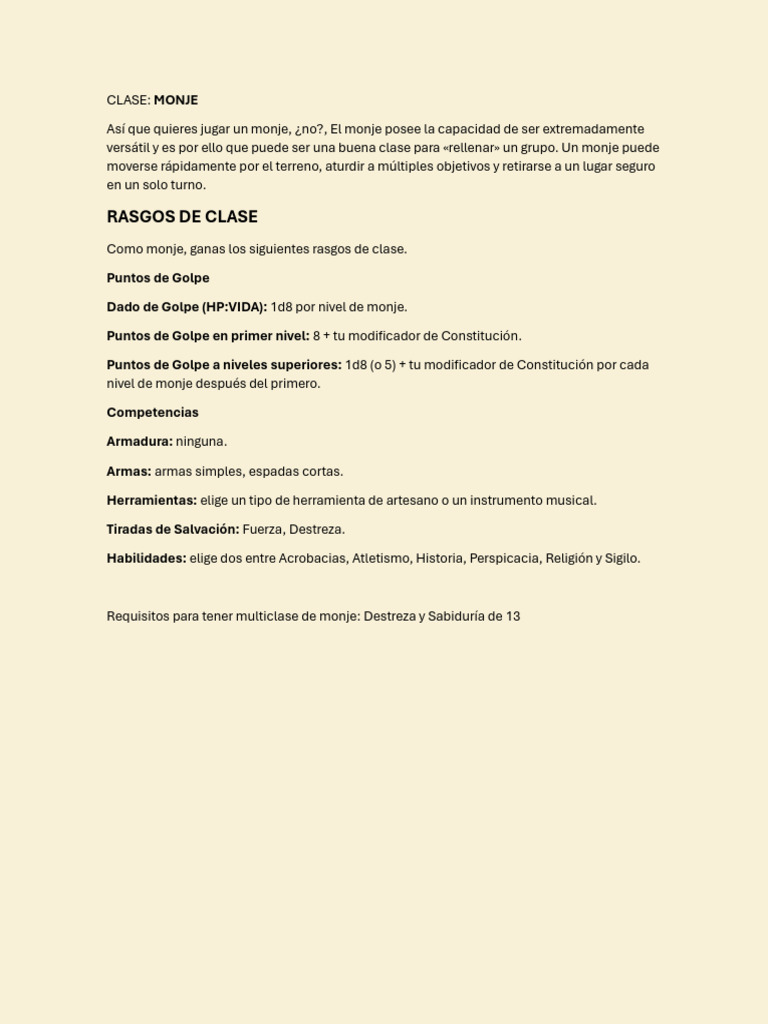 Subclases y Tipos de Monje | PDF