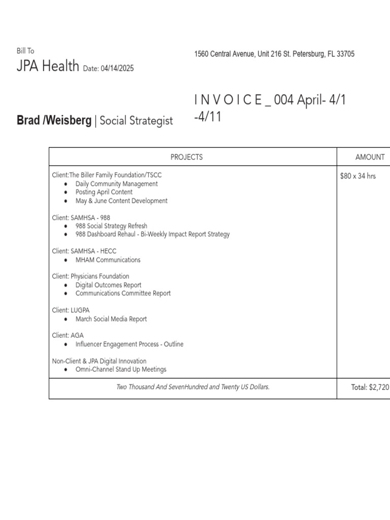 Brad Weisberg April (4 - 1!4!11) 2025 First Invoice - JPA Health | PDF