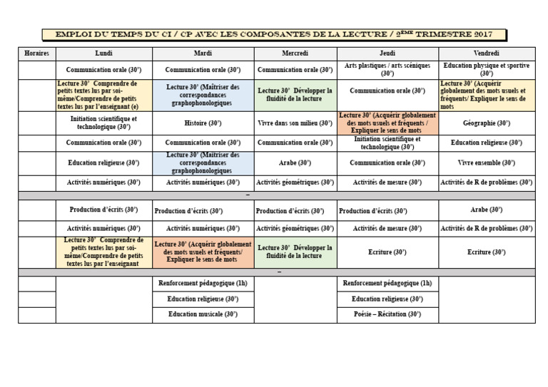 Emploi du temps CP 2ème trimestre 2017 | PDF | Apprentissage