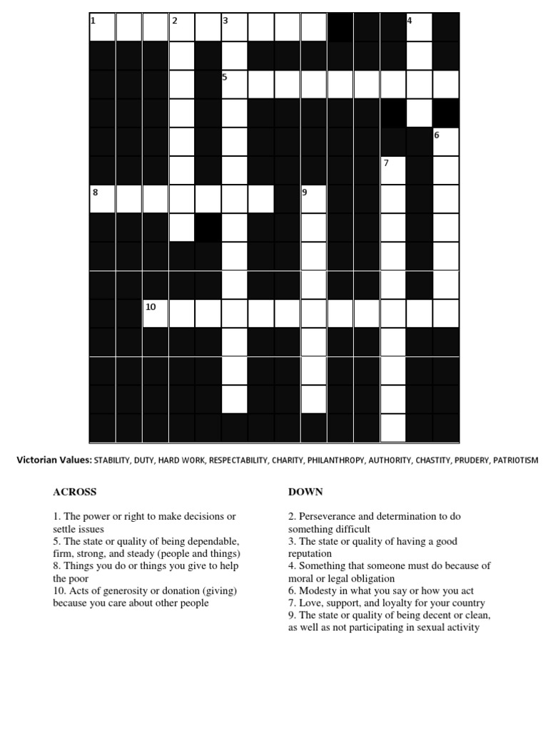 Victorian Values Crossword PDF