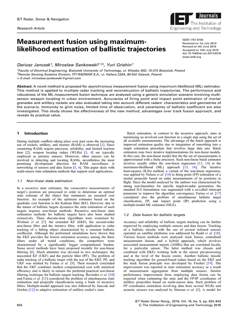 Ballistic Trajectory Measurement Fusion | PDF | Kalman Filter